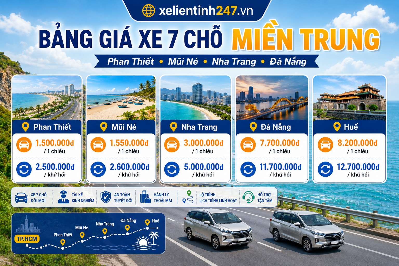 Bảng giá xe 7 chỗ từ TP.HCM đi Phan Thiết, Mũi Né, Nha Trang, Đà Nẵng, Huế.