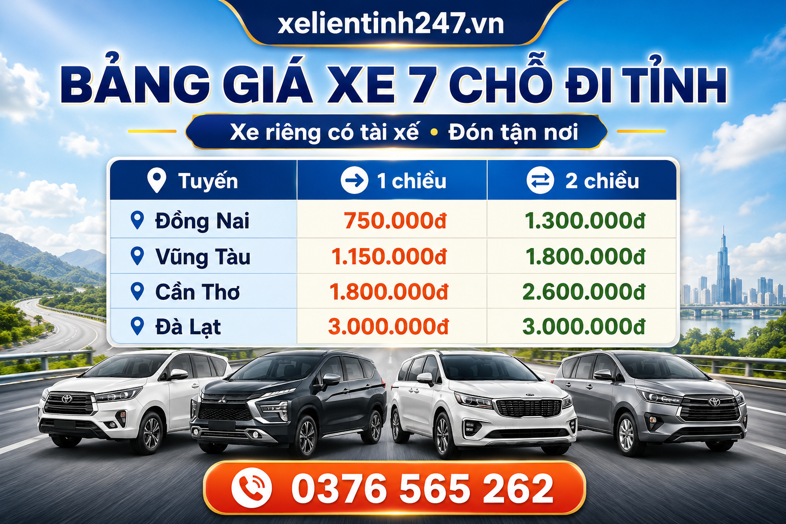 Giá thuê xe 7 chỗ đi tỉnh được chia rõ theo tuyến 1 chiều và 2 chiều.