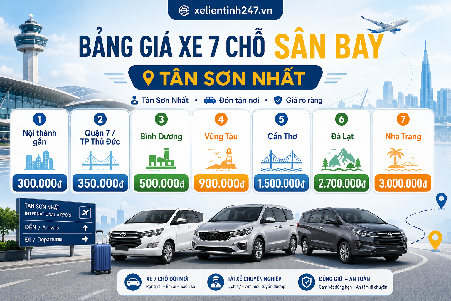 Bảng giá xe 7 chỗ đưa đón sân bay Tân Sơn Nhất đi nội thành và các tỉnh.