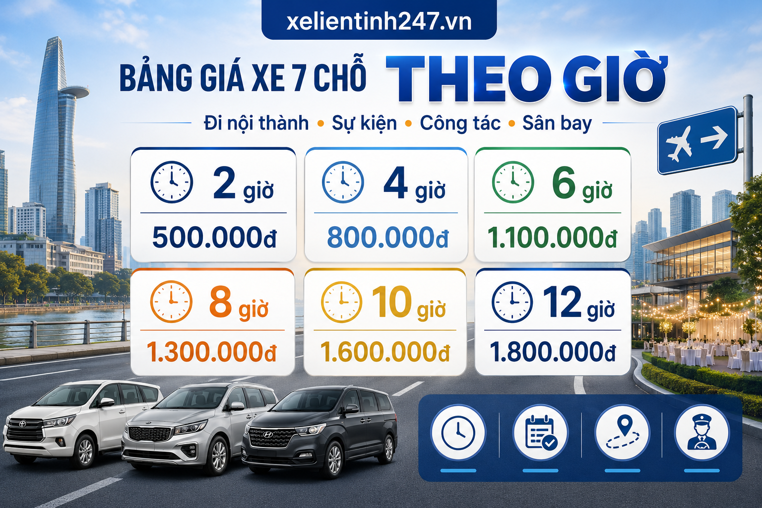 Bảng giá thuê xe 7 chỗ theo giờ tại TP.HCM, phù hợp đi nội thành, sự kiện, công tác, sân bay.