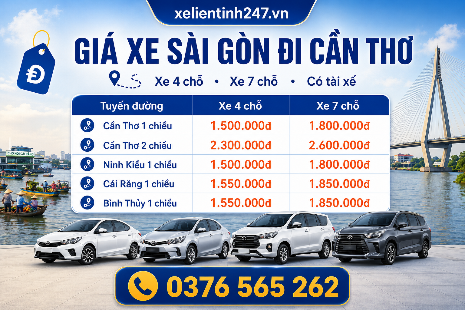 Giá thuê xe Sài Gòn đi Cần Thơ phụ thuộc vào loại xe, hình thức 1 chiều hoặc 2 chiều và lịch trình thực tế.