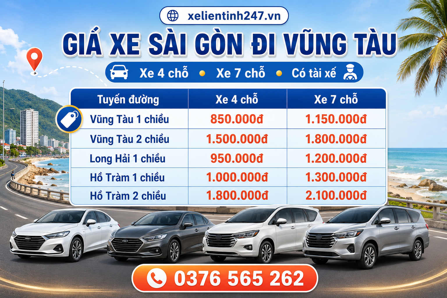 Giá thuê xe Sài Gòn đi Vũng Tàu, Hồ Tràm phụ thuộc vào loại xe, hình thức 1 chiều hoặc 2 chiều và lịch trình thực tế.