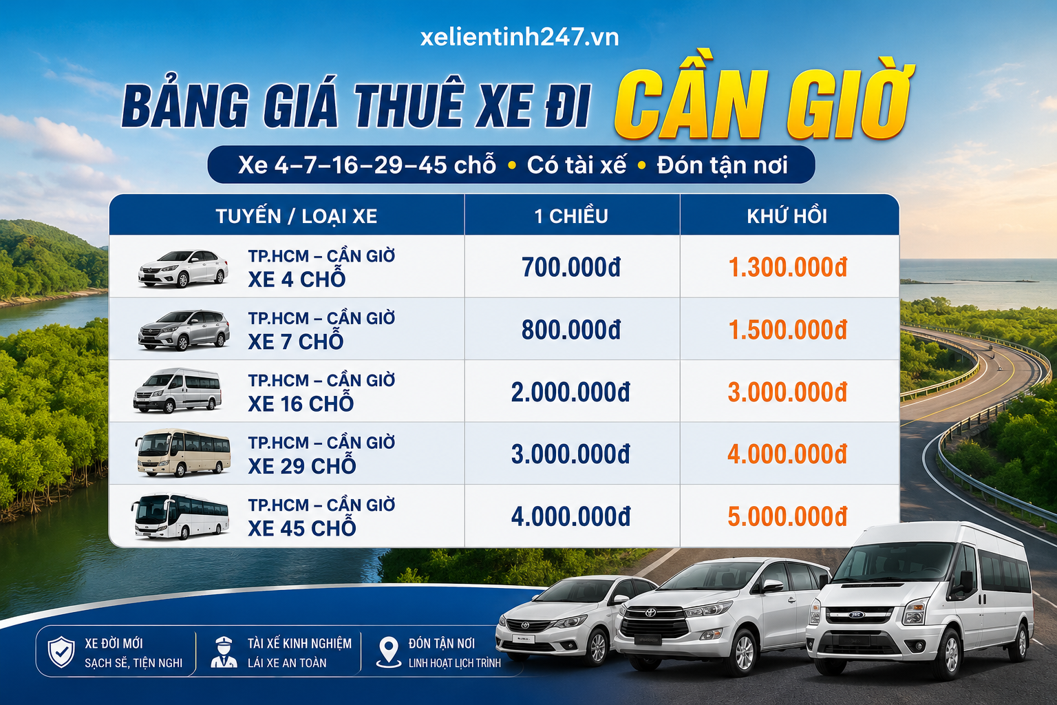 Bảng giá thuê xe đi Cần Giờ từ TP.HCM xe 4 chỗ 7 chỗ 16 chỗ 29 chỗ 45 chỗ