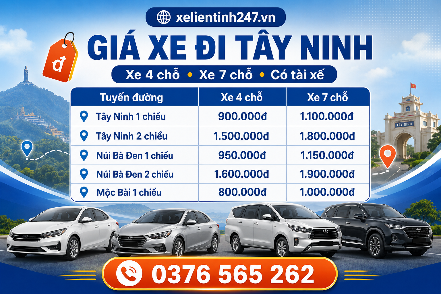 Giá thuê xe đi Tây Ninh, Núi Bà Đen, Mộc Bài phụ thuộc vào loại xe, hình thức 1 chiều hoặc 2 chiều và lịch trình thực tế.
