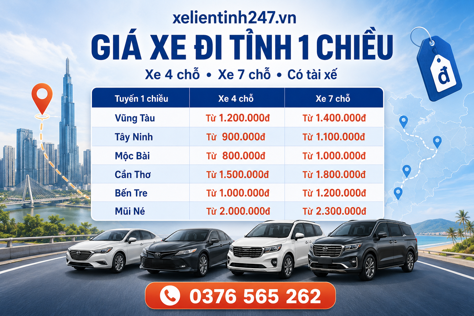 Giá thuê xe đi tỉnh 1 chiều phụ thuộc vào tuyến đường, loại xe, điểm đón, điểm trả và lịch trình thực tế.