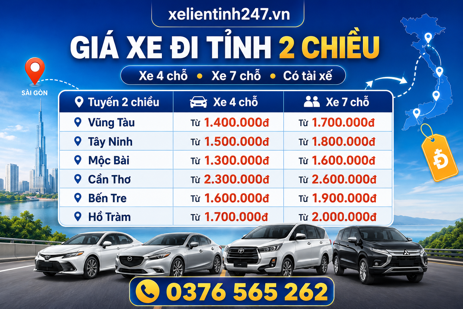 Giá thuê xe đi tỉnh 2 chiều phụ thuộc vào tuyến đường, loại xe, thời gian chờ và lịch trình thực tế.