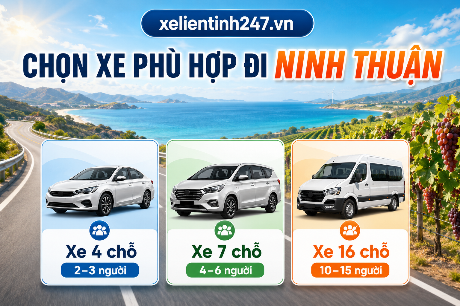 Gợi ý chọn xe 4 chỗ, 7 chỗ hoặc 16 chỗ khi đi Ninh Thuận theo số lượng khách.