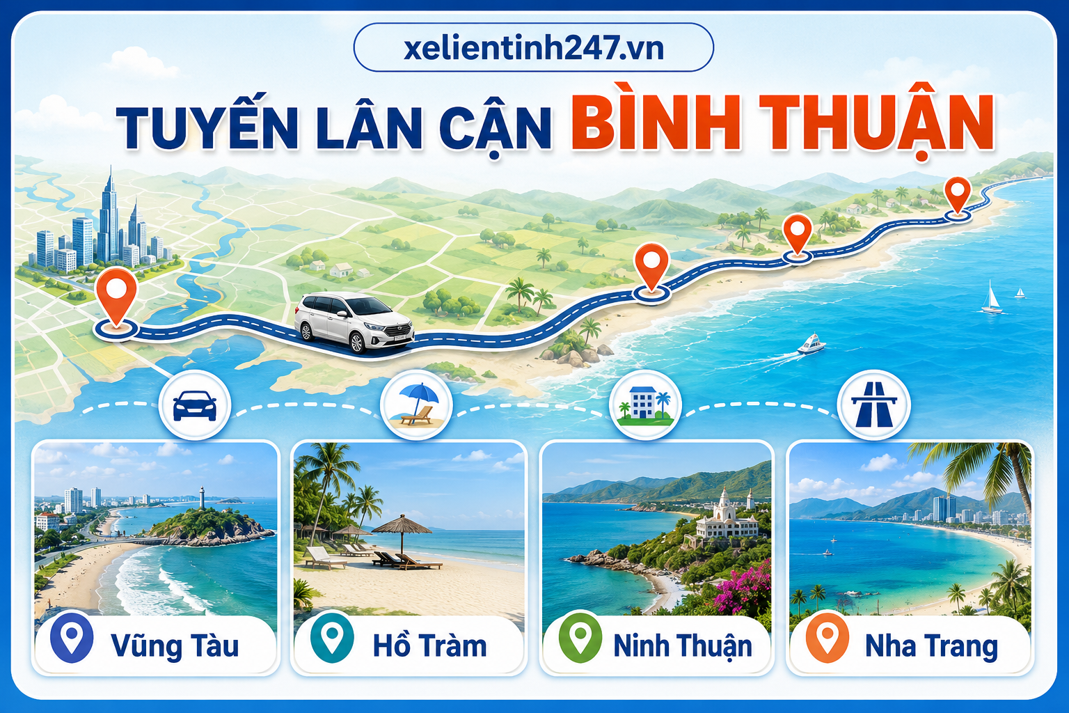 Gợi ý các tuyến lân cận như Vũng Tàu, Hồ Tràm, Ninh Thuận và Nha Trang khi thuê xe đi tỉnh.