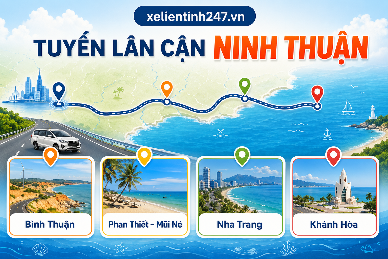 Gợi ý các tuyến lân cận như Bình Thuận, Nha Trang và Khánh Hòa khi thuê xe đi tỉnh từ TP.HCM.