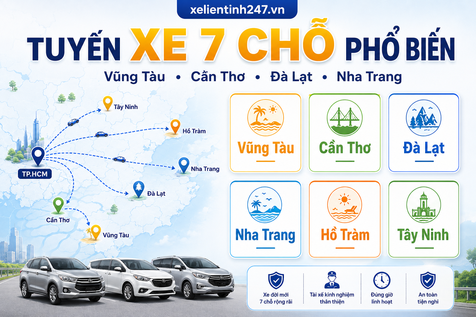 Các tuyến thuê xe 7 chỗ phổ biến từ TP.HCM đi Vũng Tàu, Cần Thơ, Đà Lạt, Nha Trang.
