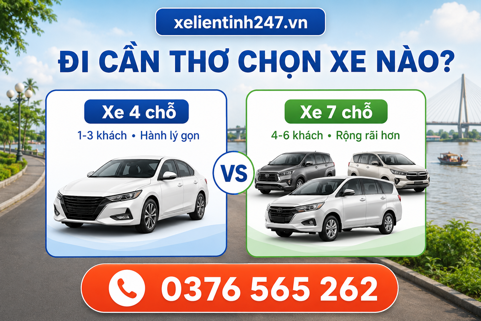 Xe 4 chỗ phù hợp nhóm ít người, hành lý gọn; xe 7 chỗ phù hợp gia đình hoặc nhóm đi Cần Thơ có nhiều hành lý.