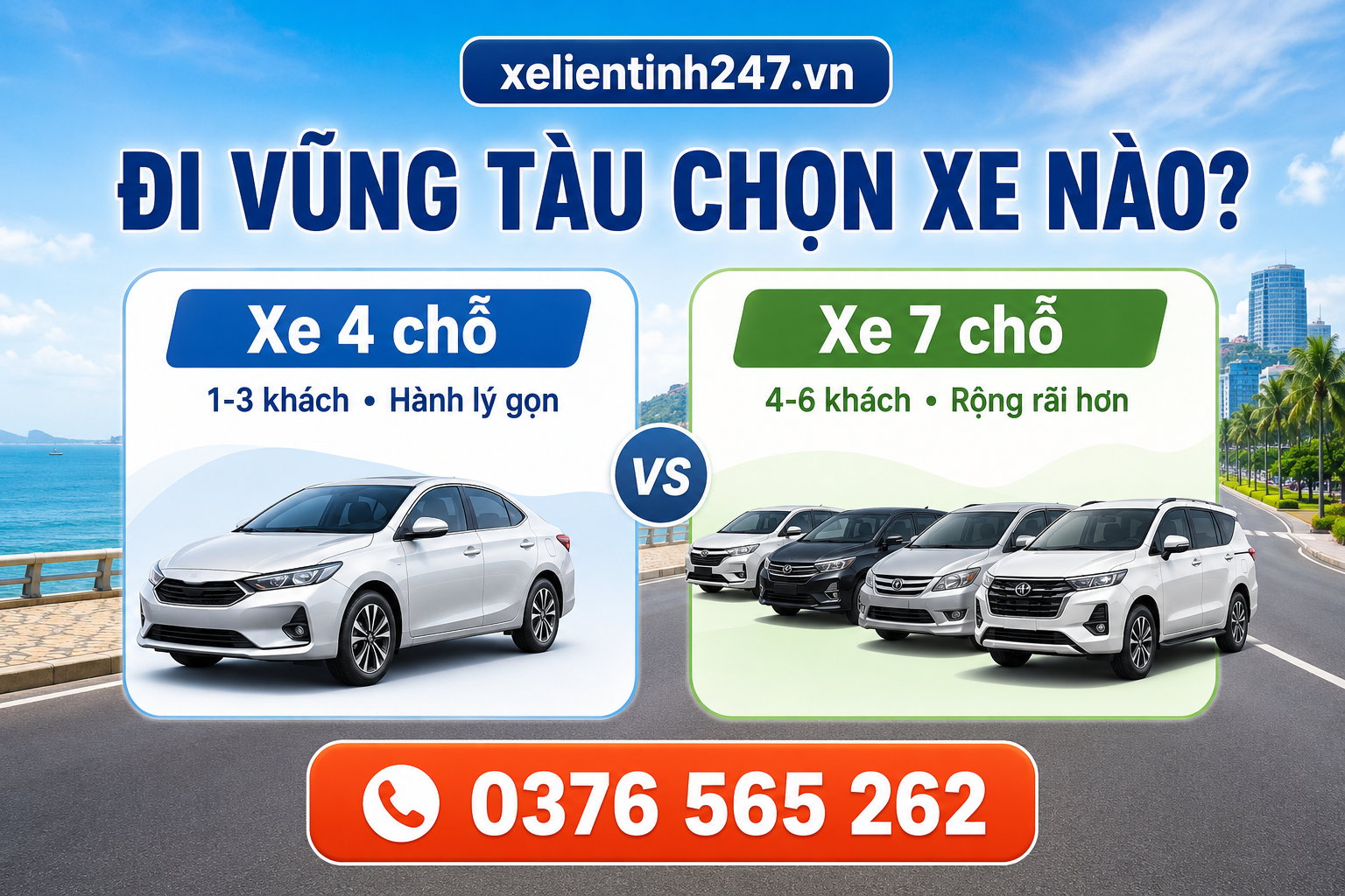 Xe 4 chỗ phù hợp nhóm ít người, hành lý gọn; xe 7 chỗ phù hợp gia đình hoặc nhóm đi Vũng Tàu, Hồ Tràm có nhiều hành lý.