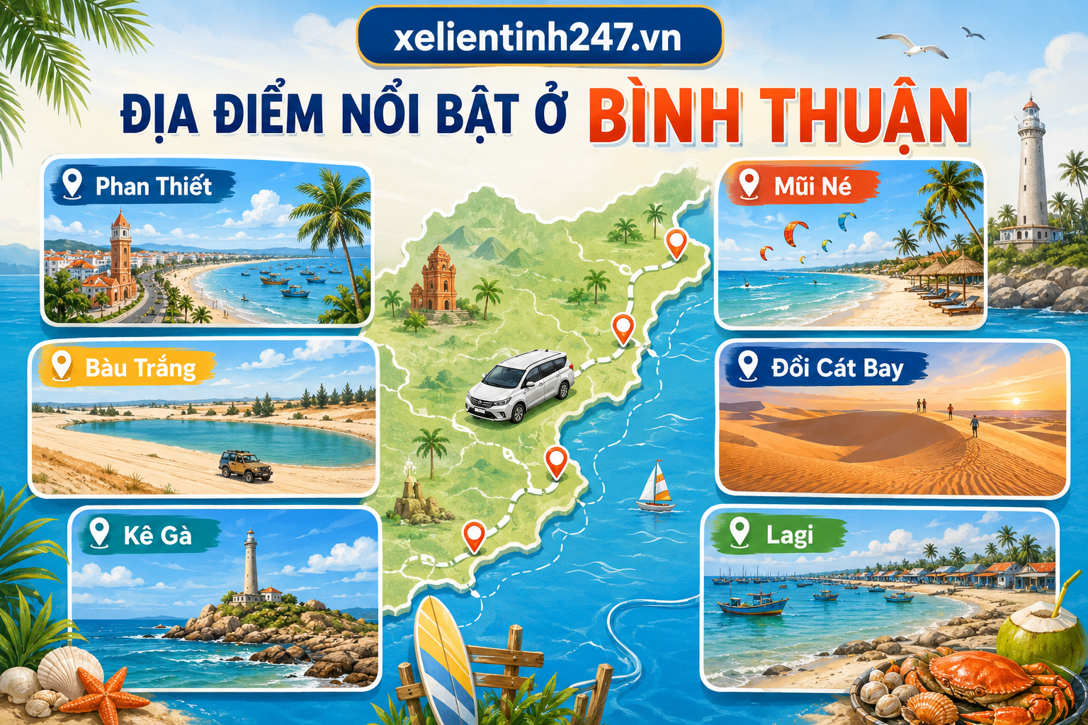 Các điểm nổi bật ở Bình Thuận như Phan Thiết, Mũi Né, Bàu Trắng, Kê Gà và Lagi.