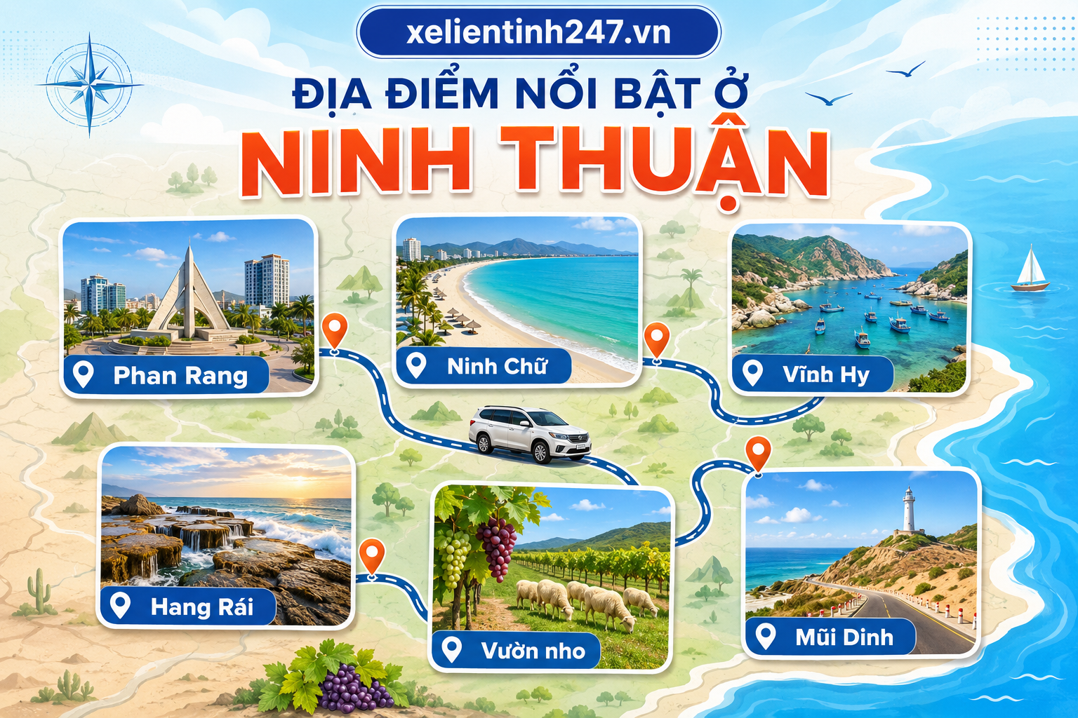 Các điểm nổi bật ở Ninh Thuận như Phan Rang, Ninh Chữ, Vĩnh Hy, Hang Rái và vườn nho.