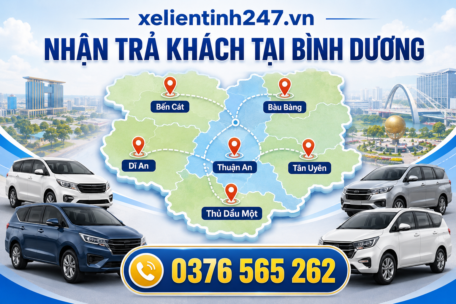 Xe Liên Tỉnh 247 hỗ trợ đưa đón khách tại Dĩ An, Thuận An, Thủ Dầu Một, Bến Cát và nhiều khu vực Bình Dương.