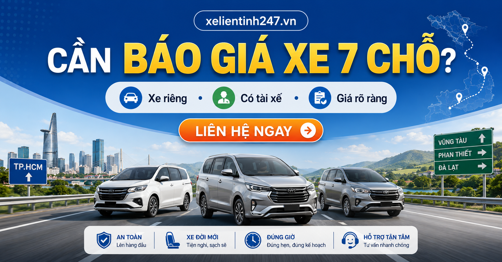 Liên hệ Xe Liên Tỉnh 247 để nhận bảng giá thuê xe 7 chỗ có tài xế theo lịch trình thực tế.