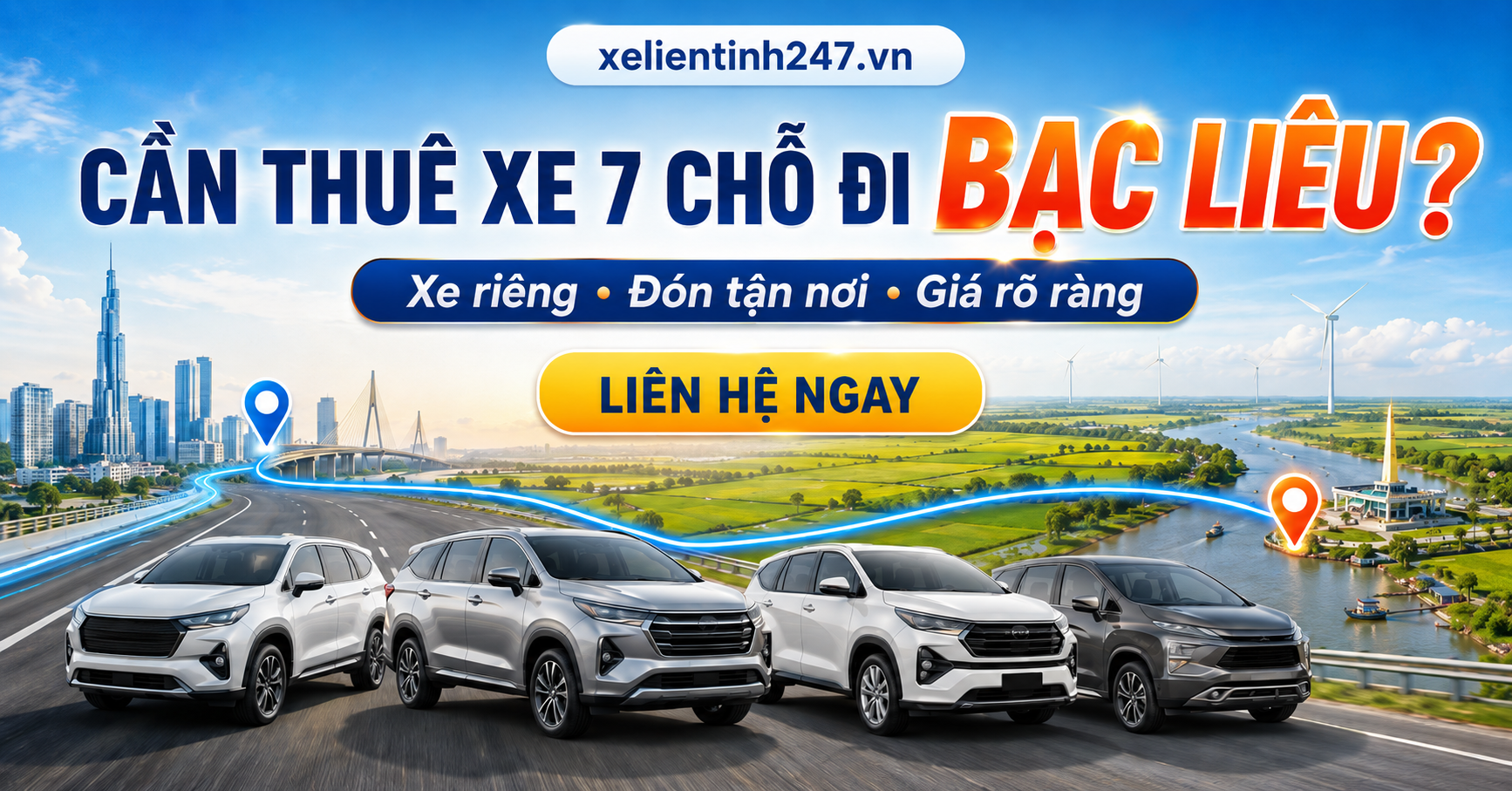 Liên hệ Xe Liên Tỉnh 247 để đặt thuê xe 7 chỗ đi Bạc Liêu nhanh chóng.