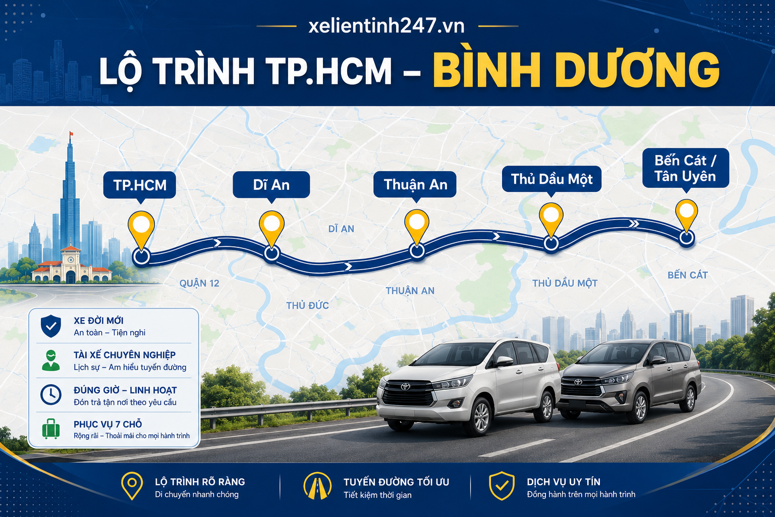 Lộ trình thuê xe 7 chỗ từ TP.HCM đi Bình Dương, Dĩ An, Thuận An, Thủ Dầu Một.