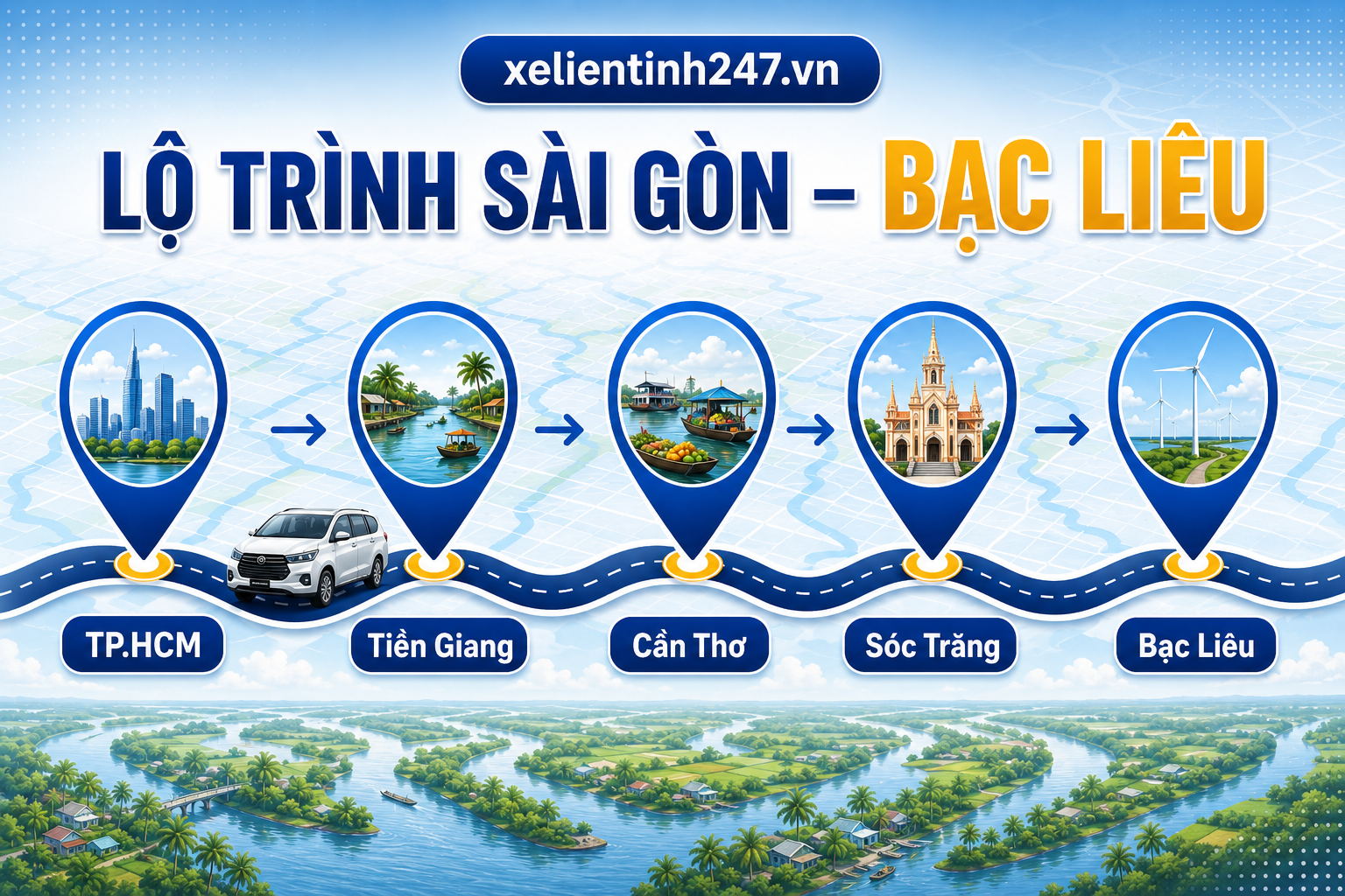 Lộ trình thuê xe 7 chỗ từ TP.HCM đi Bạc Liêu qua các tỉnh miền Tây.