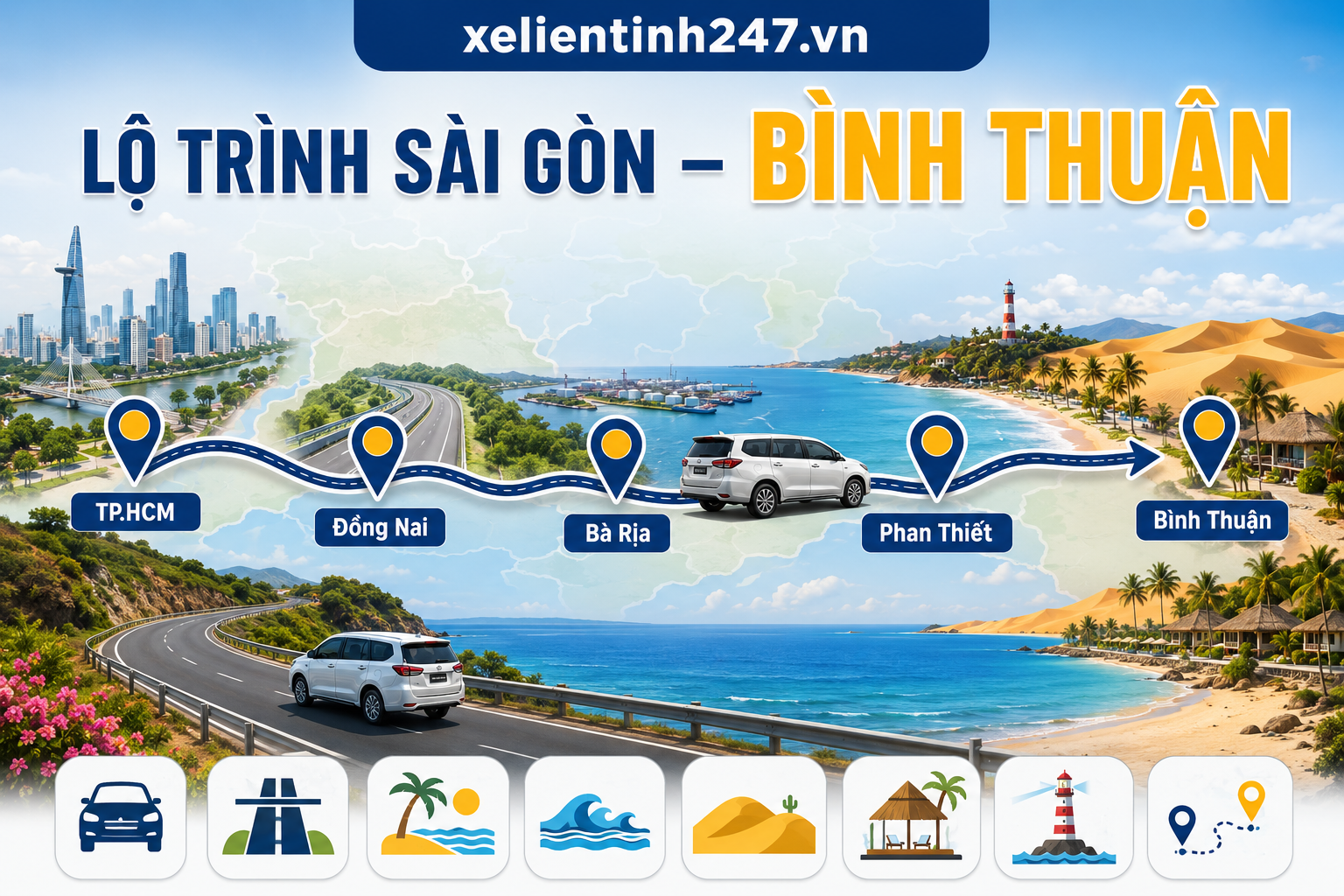 Lộ trình thuê xe 7 chỗ từ TP.HCM đi Bình Thuận, phù hợp đi Phan Thiết, Mũi Né, Lagi và Kê Gà.