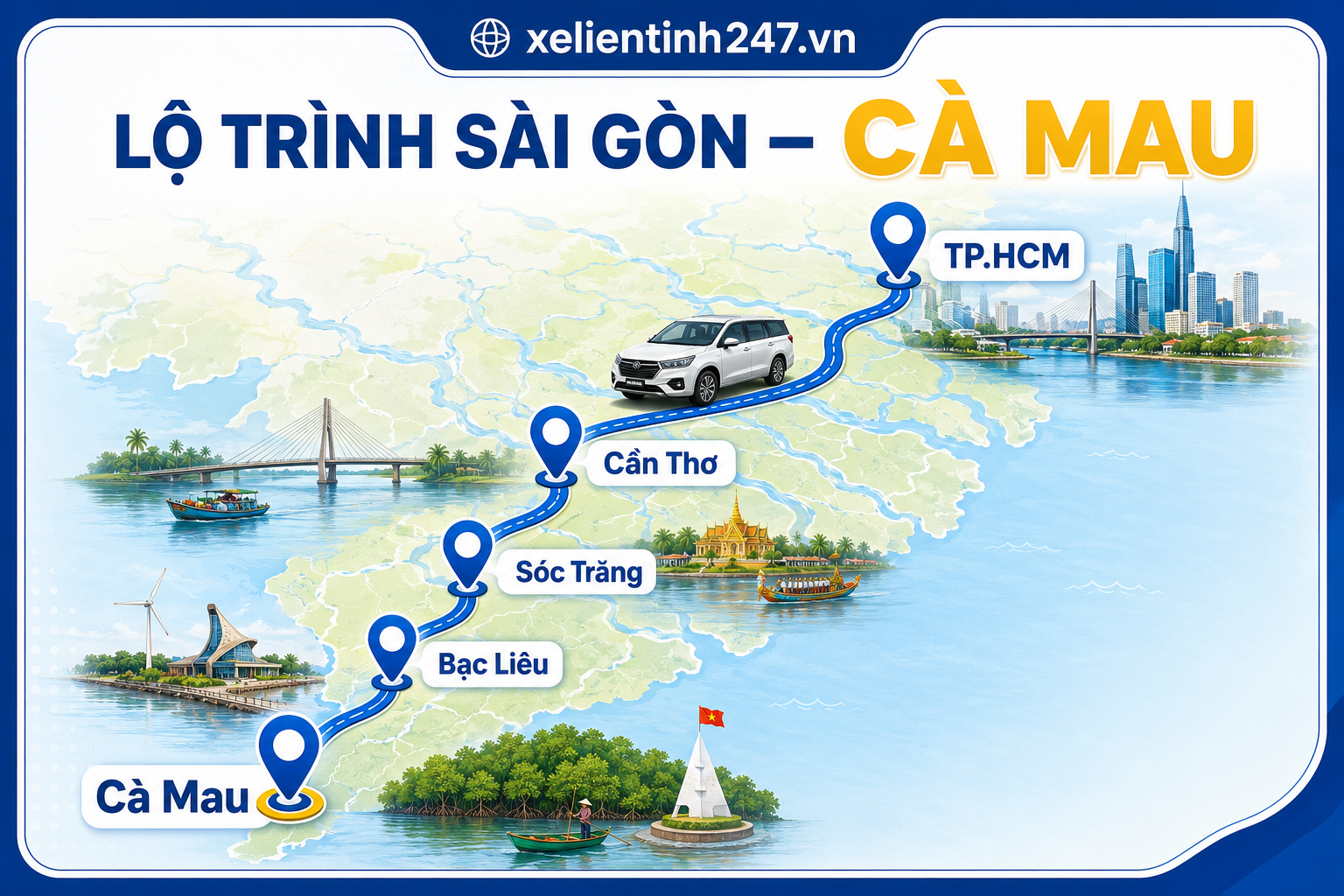 Lộ trình thuê xe 7 chỗ từ TP.HCM đi Cà Mau, phù hợp đi thành phố Cà Mau, Năm Căn và Đất Mũi.
