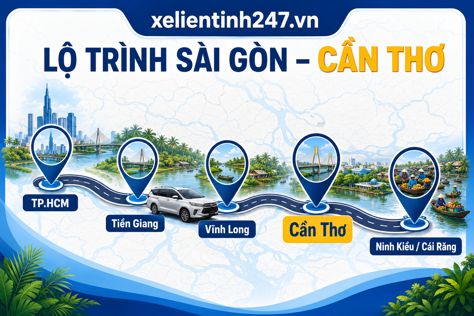 Lộ trình thuê xe 7 chỗ từ TP.HCM đi Cần Thơ, phù hợp đi Ninh Kiều, Cái Răng và trung tâm thành phố.