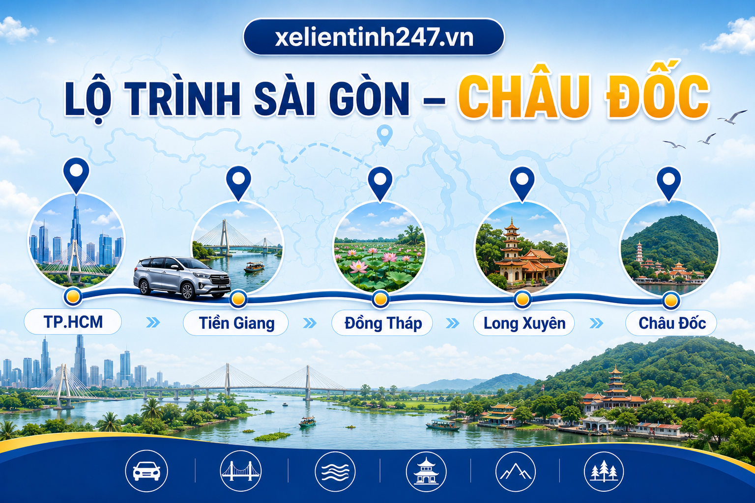 Lộ trình thuê xe 7 chỗ từ TP.HCM đi Châu Đốc, phù hợp đi Núi Sam, Miếu Bà Chúa Xứ và Trà Sư.