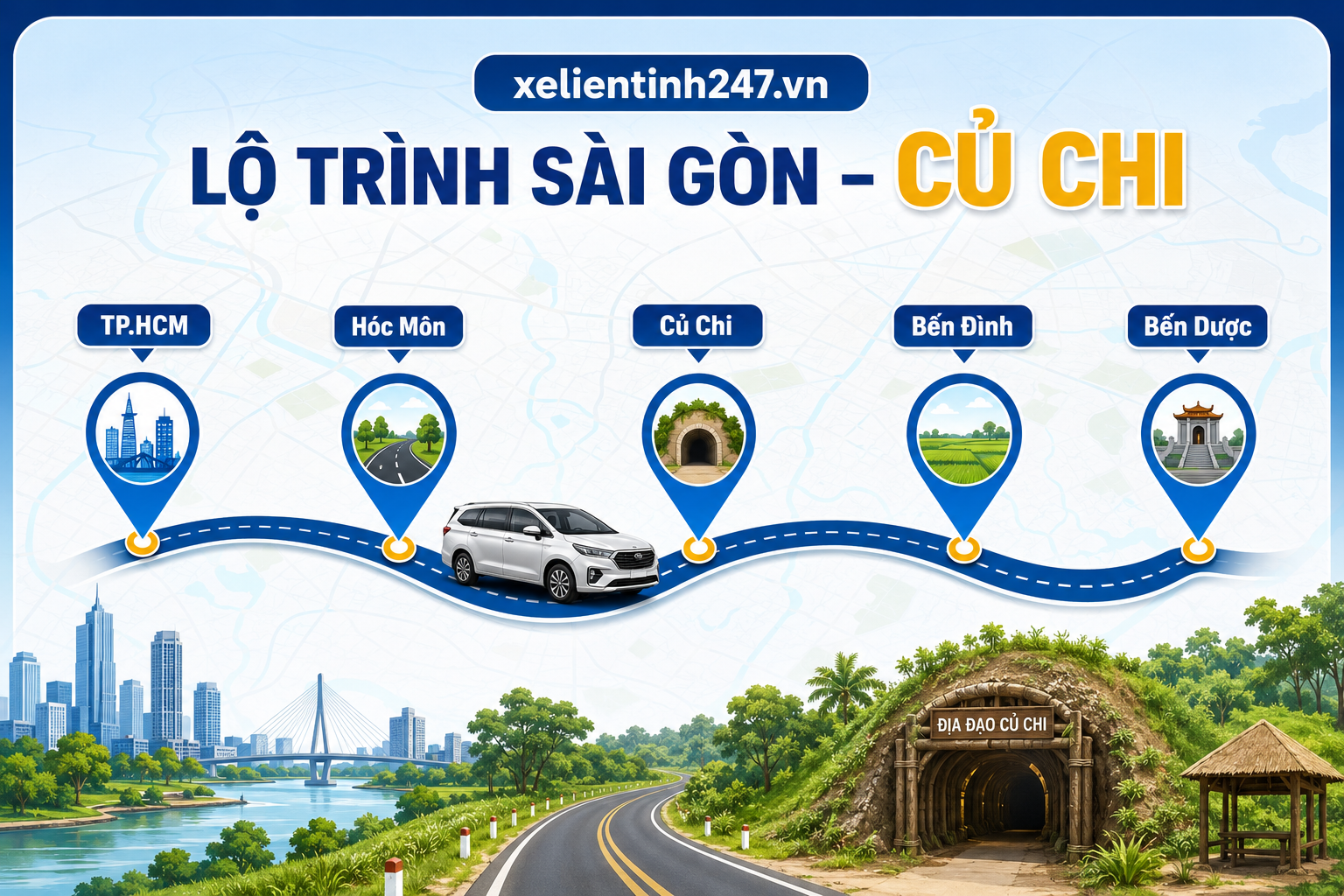 Lộ trình thuê xe 7 chỗ từ TP.HCM đi Củ Chi, phù hợp đi địa đạo, Bến Đình và Bến Dược.