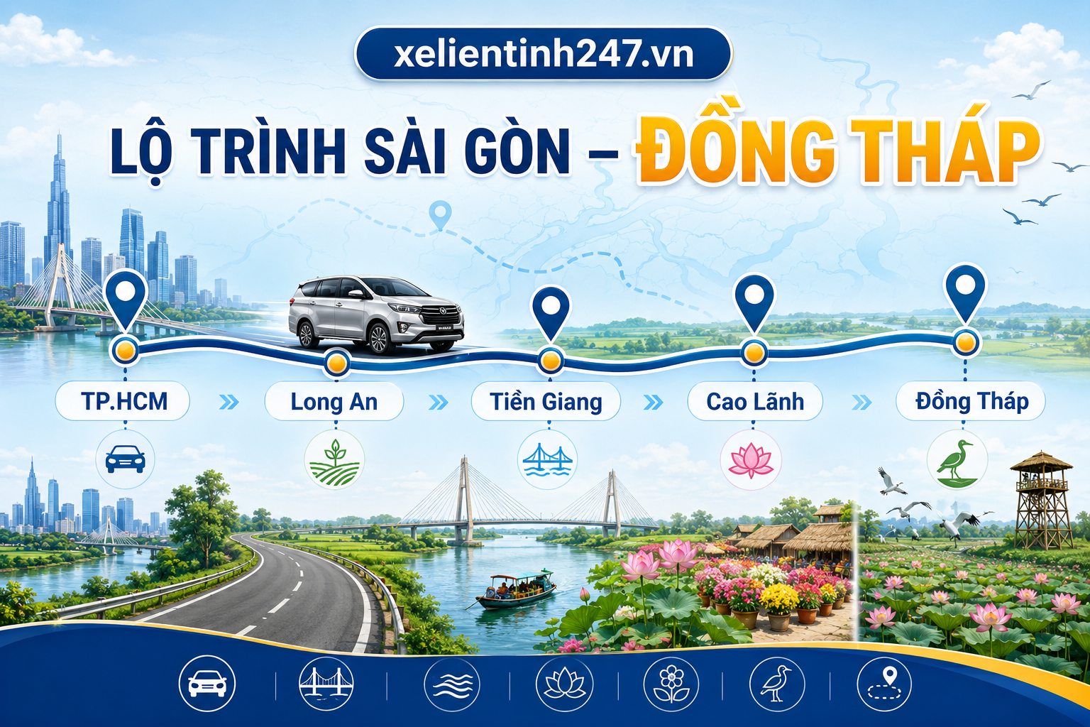 Lộ trình thuê xe 7 chỗ từ TP.HCM đi Đồng Tháp, phù hợp đi Cao Lãnh, Sa Đéc và Tràm Chim.