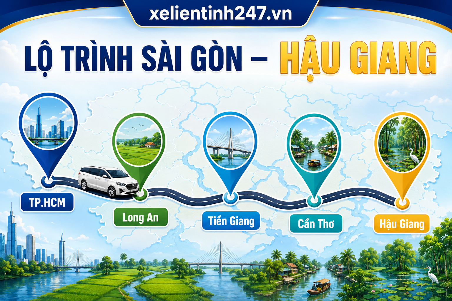 Lộ trình thuê xe 7 chỗ từ TP.HCM đi Hậu Giang, phù hợp đi Vị Thanh, Ngã Bảy và Lung Ngọc Hoàng.