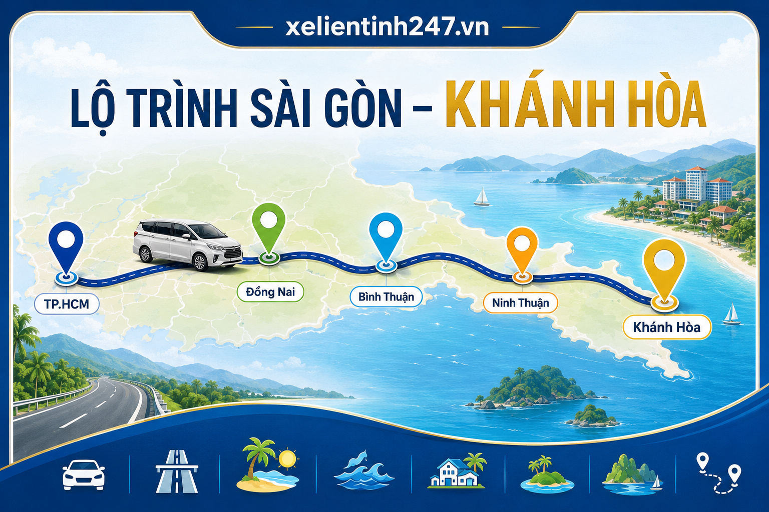Lộ trình thuê xe 7 chỗ từ TP.HCM đi Khánh Hòa, phù hợp đi Nha Trang, Cam Ranh, Bãi Dài và Dốc Lết.