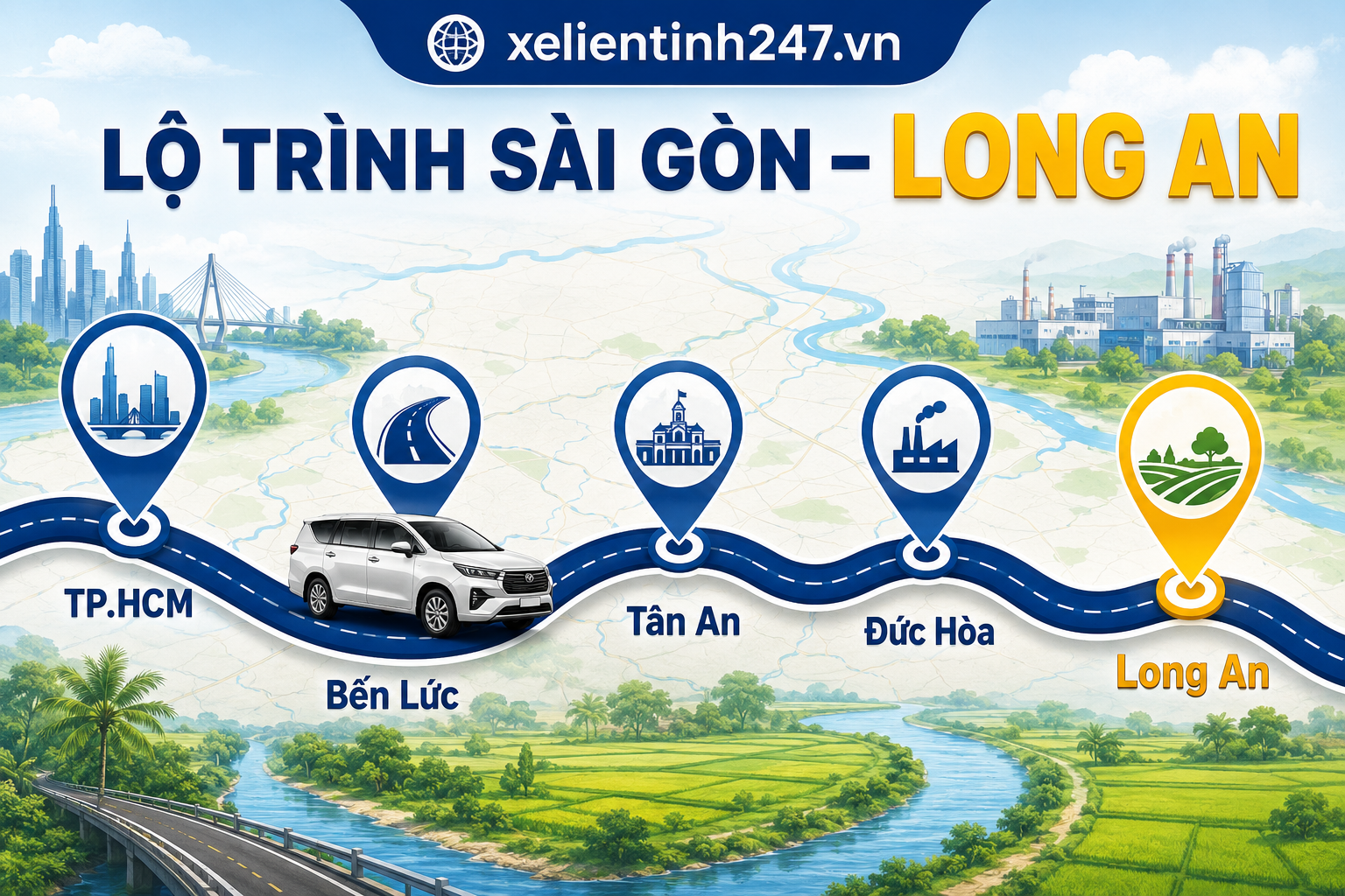 Lộ trình thuê xe 7 chỗ từ TP.HCM đi Long An, phù hợp đi Tân An, Đức Hòa, Bến Lức và Làng nổi Tân Lập.