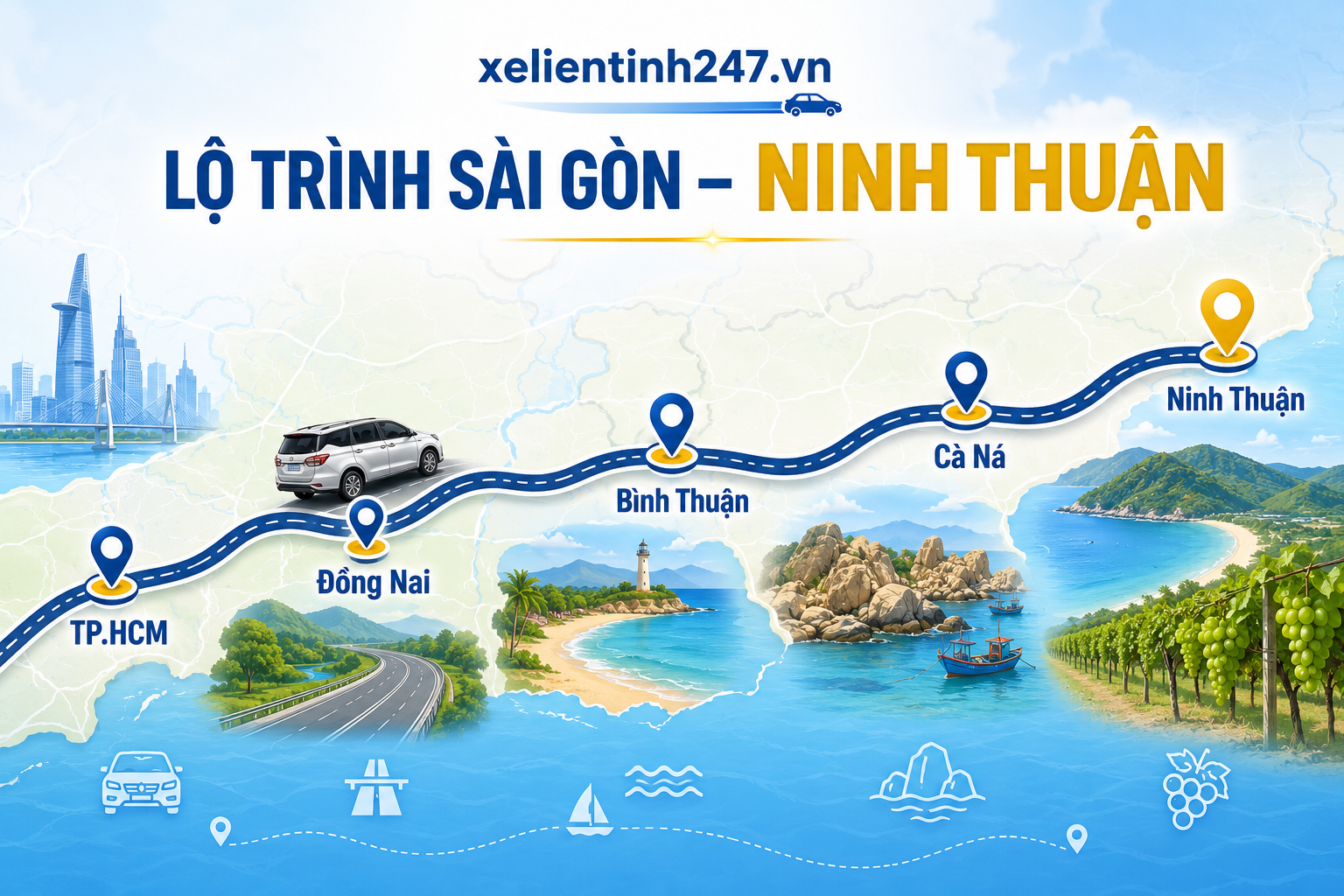 Lộ trình thuê xe 7 chỗ từ TP.HCM đi Ninh Thuận, phù hợp đi Phan Rang, Ninh Chữ và Vĩnh Hy.