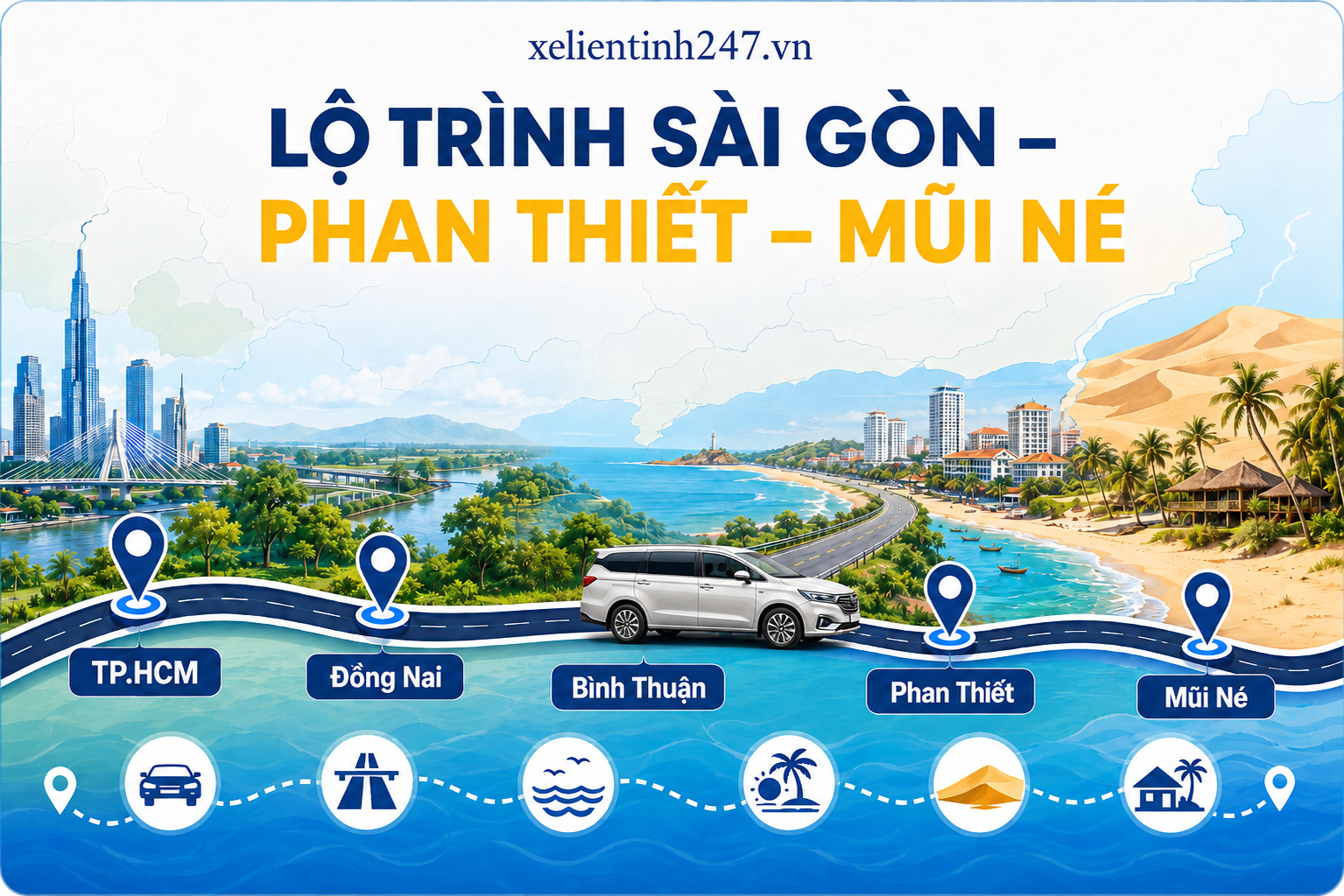 Lộ trình thuê xe 7 chỗ từ TP.HCM đi Phan Thiết – Mũi Né, phù hợp đi resort, Đồi Cát Bay và Bàu Trắng.
