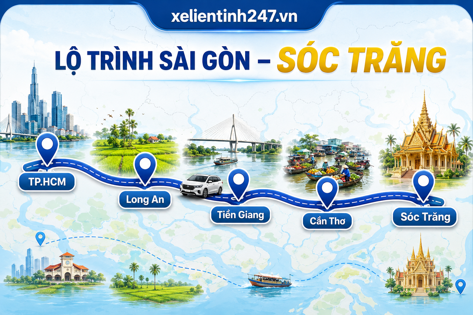 Lộ trình thuê xe 7 chỗ từ TP.HCM đi Sóc Trăng, phù hợp đi thành phố Sóc Trăng, Chùa Dơi và Chợ nổi Ngã Năm.