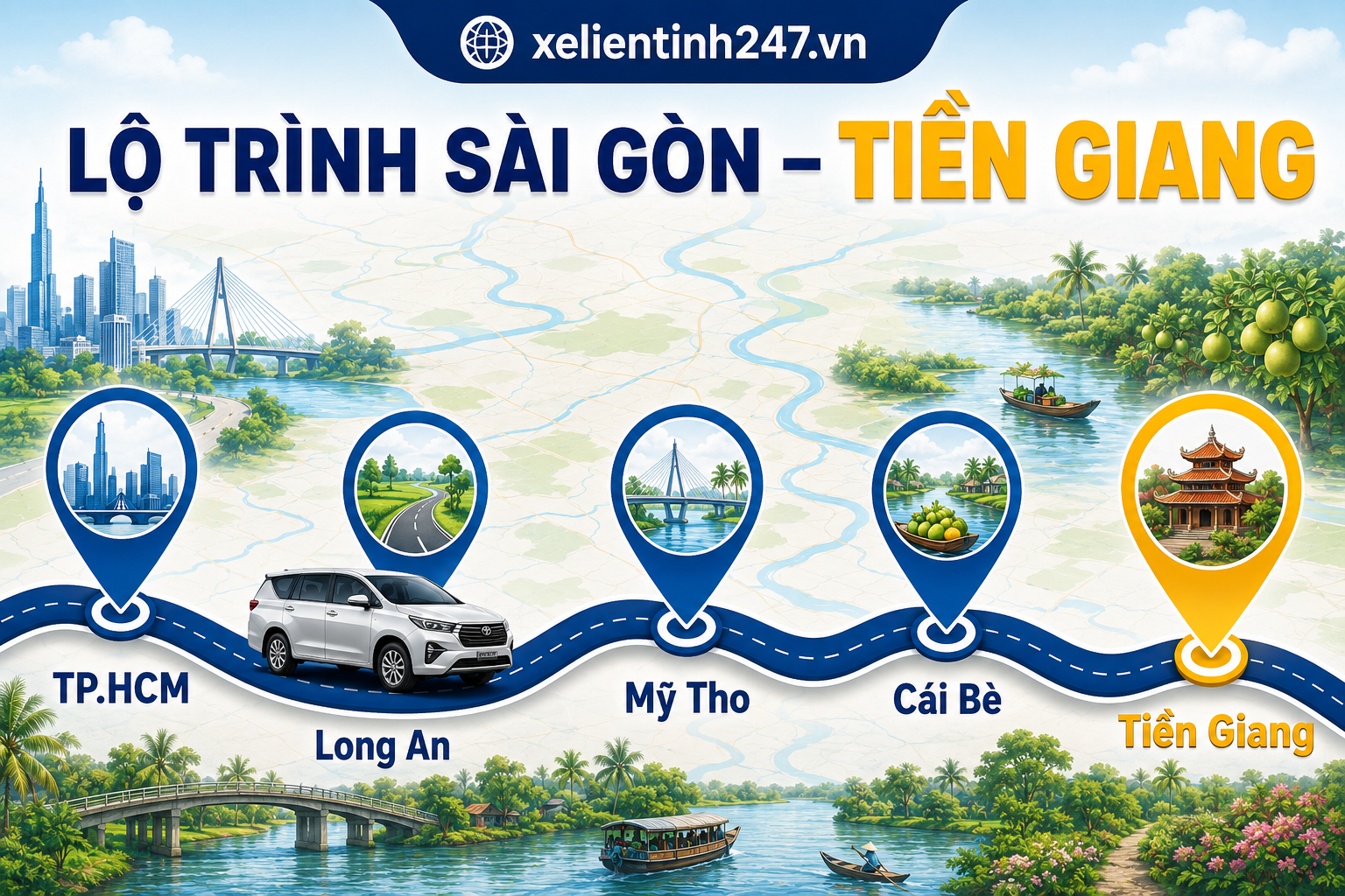 Lộ trình thuê xe 7 chỗ từ TP.HCM đi Tiền Giang, phù hợp đi Mỹ Tho, Cái Bè và Cù lao Thới Sơn.