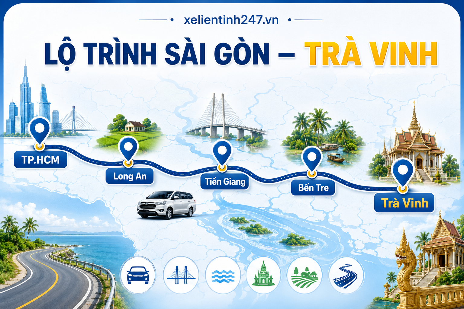 Lộ trình thuê xe 7 chỗ từ TP.HCM đi Trà Vinh, phù hợp đi thành phố Trà Vinh, Ao Bà Om và Cồn Chim.