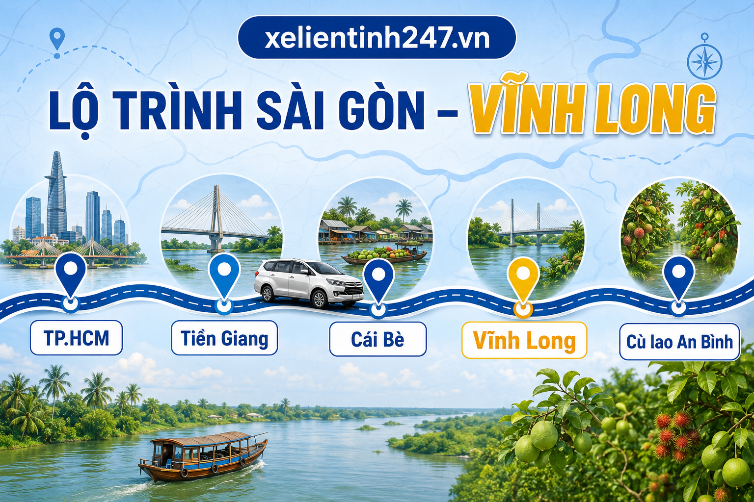 Lộ trình thuê xe 7 chỗ từ TP.HCM đi Vĩnh Long, phù hợp đi thành phố Vĩnh Long, Long Hồ và Cù lao An Bình.