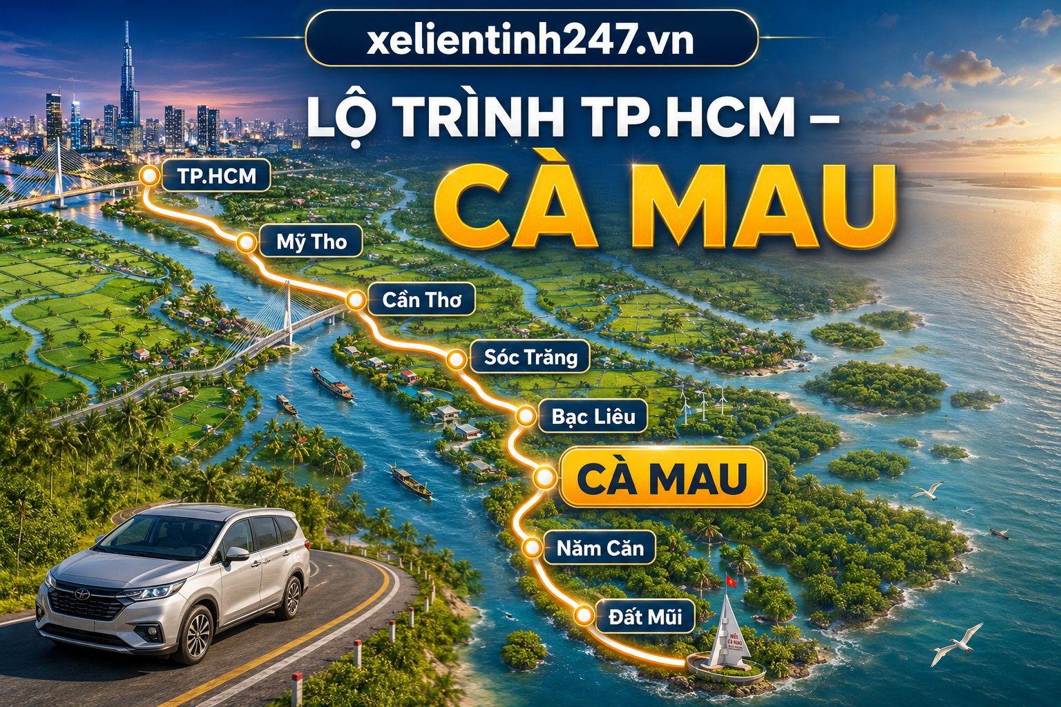 Lộ trình thuê xe 7 chỗ từ TP.HCM đi Cà Mau, Năm Căn và Đất Mũi