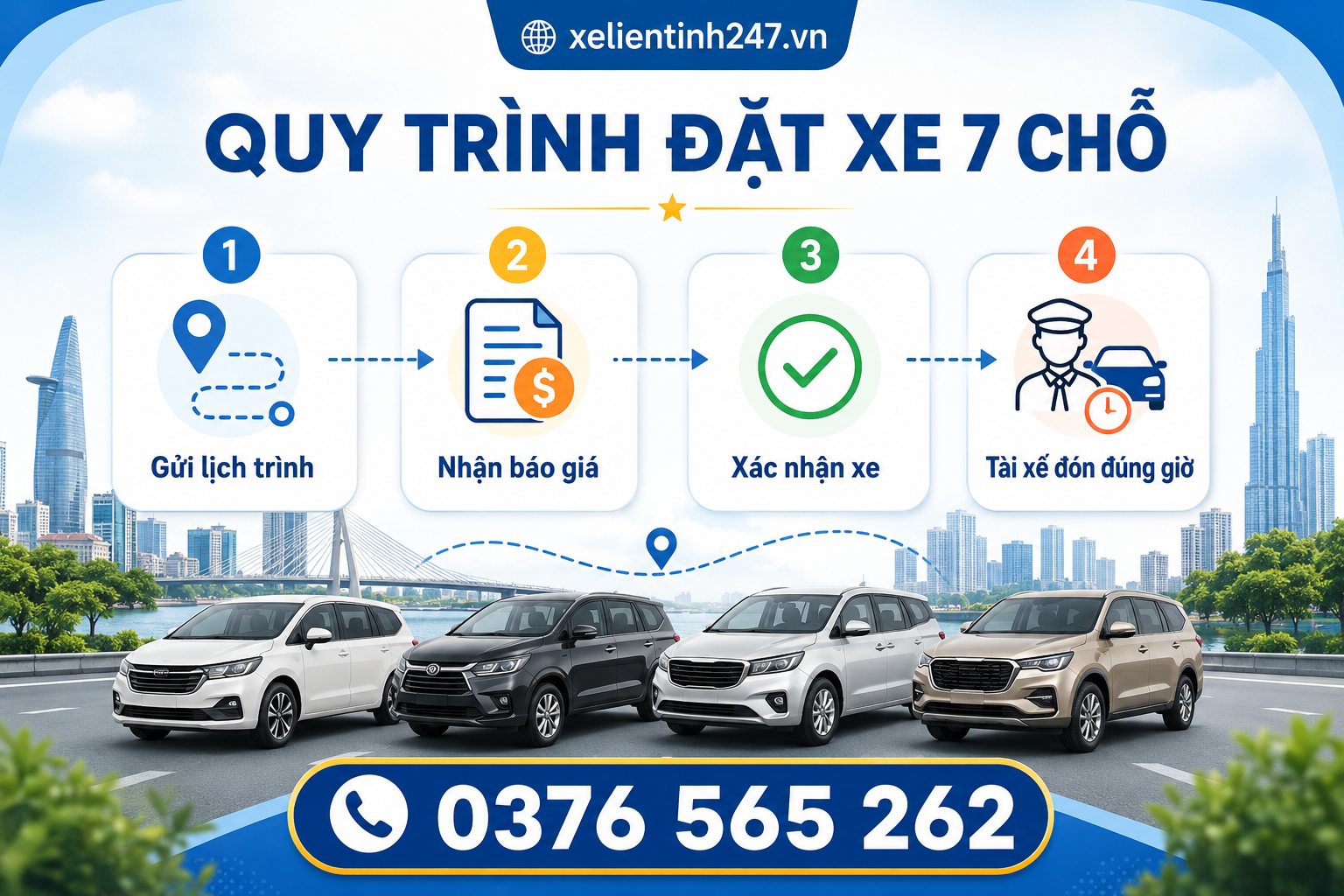 Quy trình đặt xe 7 chỗ TP.HCM gồm gửi lịch trình, nhận báo giá, xác nhận xe và tài xế đón đúng giờ.