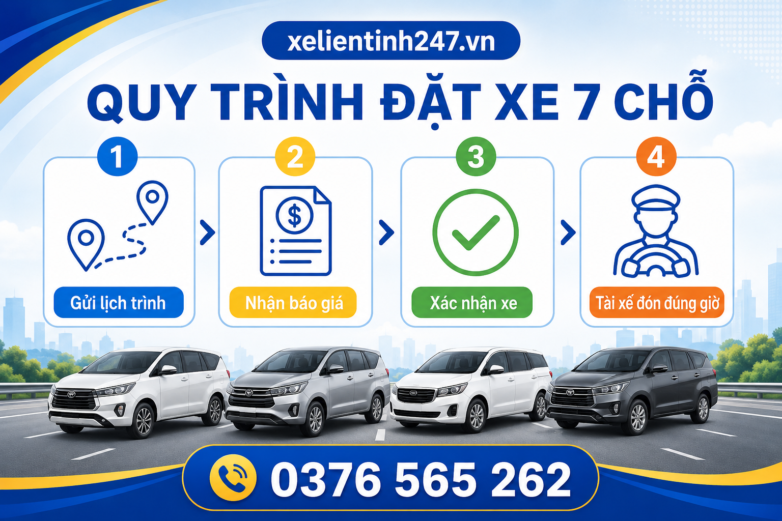 Quy trình đặt xe 7 chỗ đi Đồng Nai gồm gửi lịch trình, nhận báo giá, xác nhận xe và tài xế đón đúng giờ.