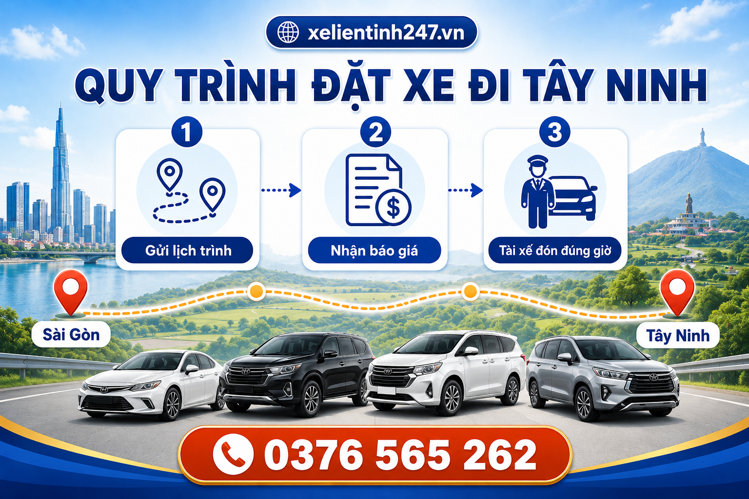 Quy trình đặt xe đi Tây Ninh gồm gửi lịch trình, nhận báo giá và tài xế đón tận nơi đúng giờ.