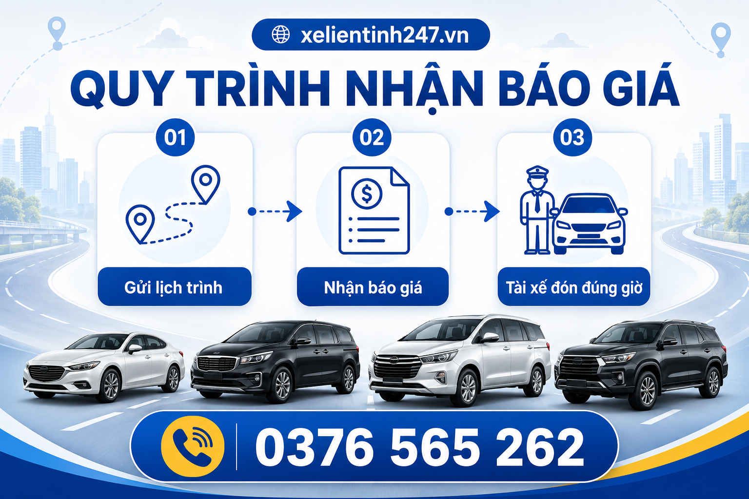 Khách hàng chỉ cần gửi lịch trình, nhận báo giá trong vòng 15 phút và xác nhận đặt xe để tài xế đón đúng giờ.