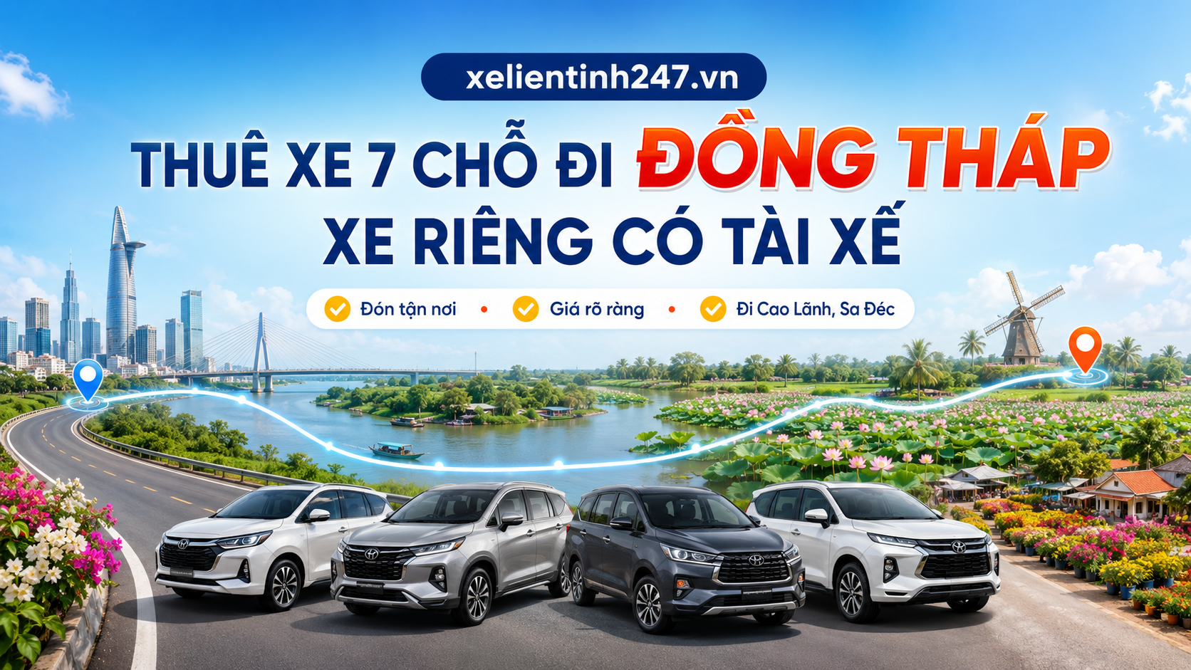 Dịch vụ thuê xe 7 chỗ đi Đồng Tháp từ Sài Gòn, xe riêng có tài xế, đón tận nơi.
