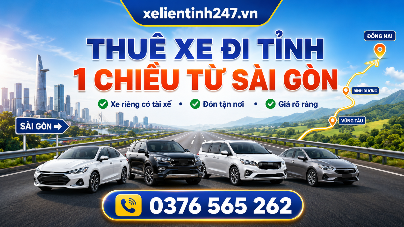 Dịch vụ thuê xe đi tỉnh 1 chiều từ Sài Gòn bằng xe riêng có tài xế, đón tận nơi và trả tận địa chỉ.