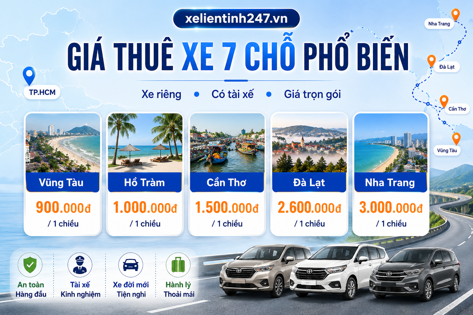 Tóm tắt nhanh giá thuê xe 7 chỗ các tuyến phổ biến từ TP.HCM.