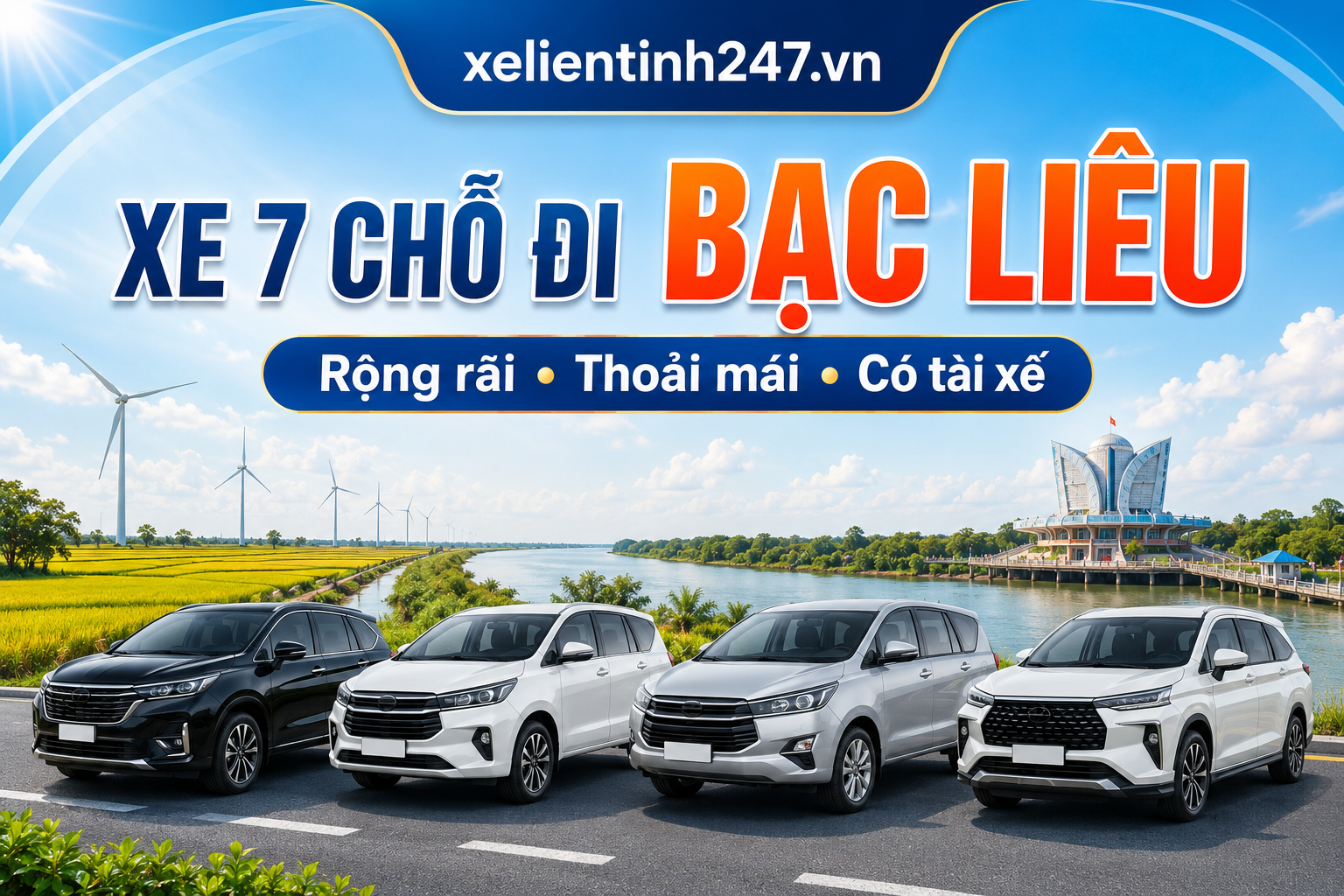 Xe 7 chỗ rộng rãi, phù hợp cho gia đình, nhóm bạn, khách công tác và khách hành hương đi Bạc Liêu.