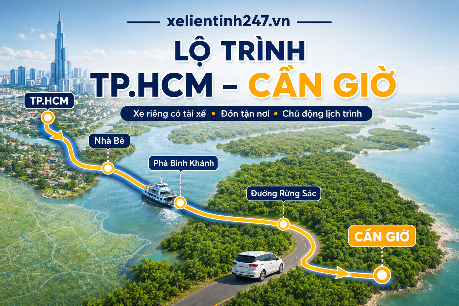Lộ trình thuê xe từ TP.HCM đi Cần Giờ qua Nhà Bè phà Bình Khánh và đường Rừng Sác