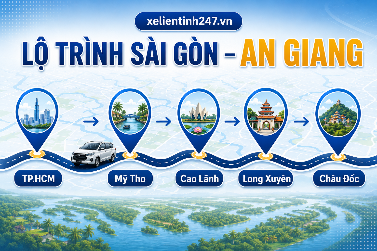 Lộ trình thuê xe 7 chỗ từ TP.HCM đi Long Xuyên, Châu Đốc và các điểm du lịch An Giang.