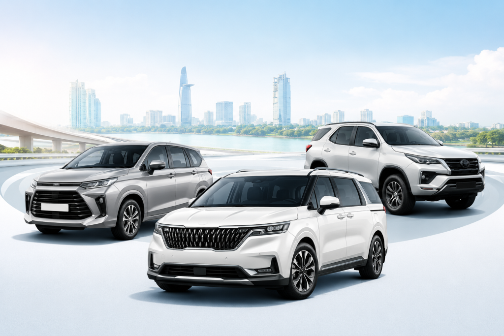 Các dòng xe 7 chỗ phổ biến như Innova, Xpander, Fortuner, Carnival phù hợp nhiều nhu cầu di chuyển.